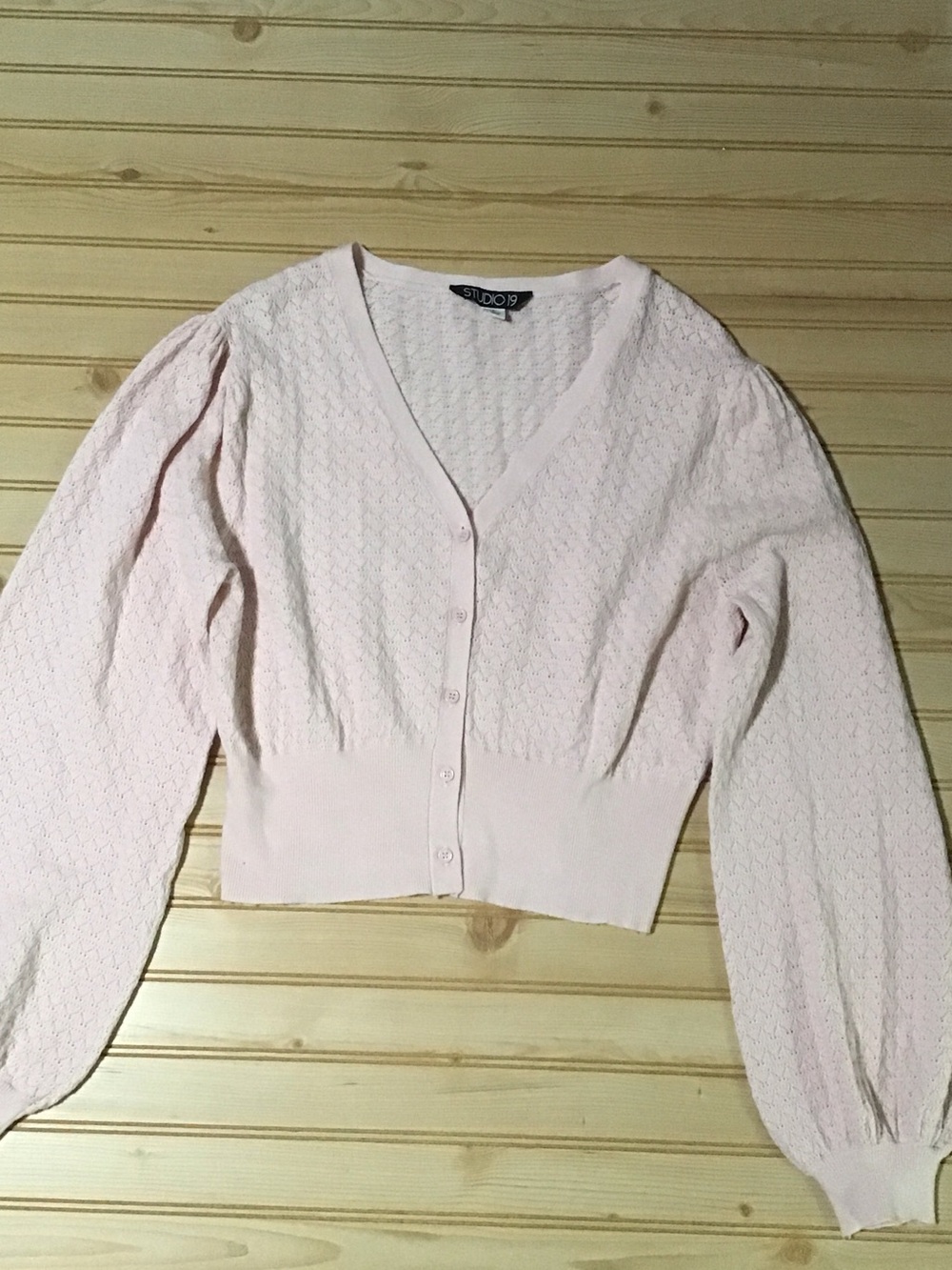 Soft Blush Pink V-Neck Pointelle Puff Sleeve Cropped Cardigan Sweater Fairy